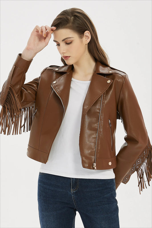 Faux Leather Tassel Biker Jacket