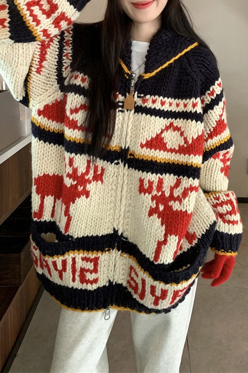 Knitted Relaxed Christmas Deer Striped Sweater