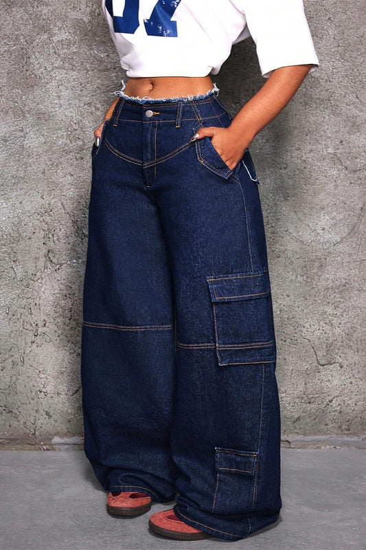 Raw Hem Multi Pocket Cargo Wide Leg Jeans