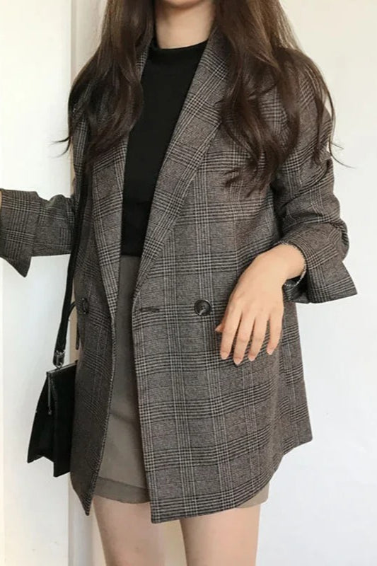 Plaid Double-Breasted Long Blazer