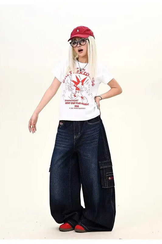 Dark Blue Cargo Wide-Leg Jeans