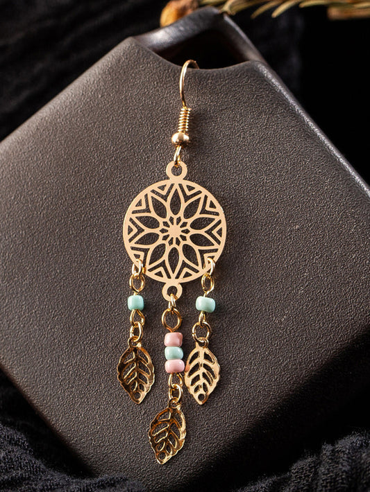 Boho Earrings - Floral Circle Beaded Tassel Leaves