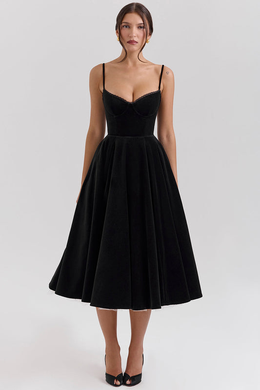 Black Velvet Tulle Midi Dress
