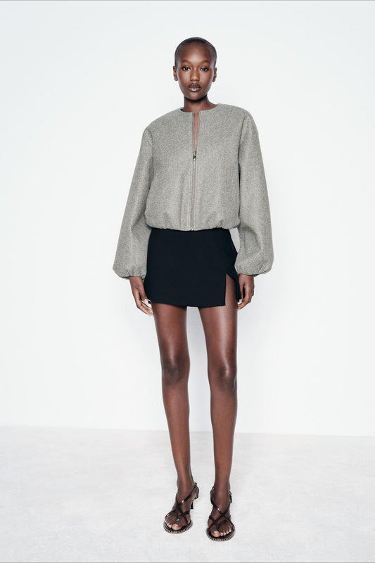 Faux Wool Short Zip Bomber Jacket