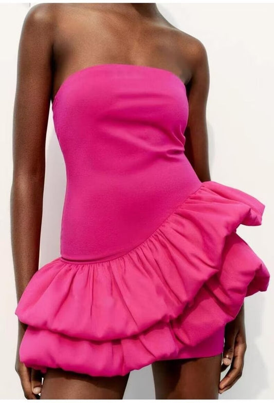 Tube Top Irregular Asymmetric Slim Fit Ruffled Stitching Mini Dress Rose Red