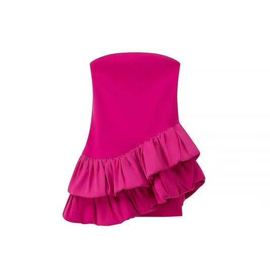 Tube Top Irregular Asymmetric Slim Fit Ruffled Stitching Mini Dress Rose Red