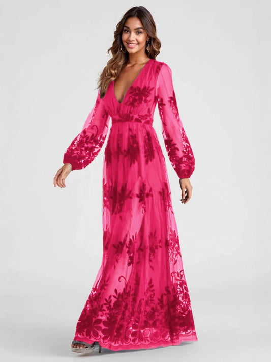 Maxi Dress High Split Ladies Long Sleeves Evening Dress