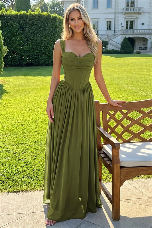 Corset Bodice Ruched Strap Flared Maxi Dress