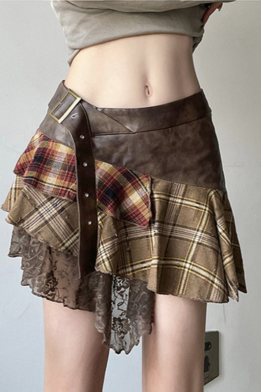 Plaid Lace Patchwork Belted Skirt