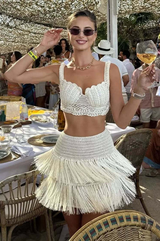 Crochet Fringe Halter Bikini Skirt Set