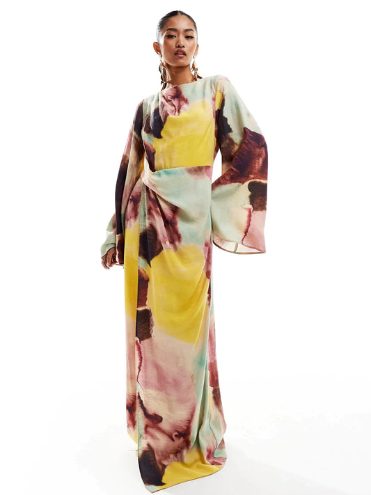 Abstract Watercolor Print Ultra-Long Dress