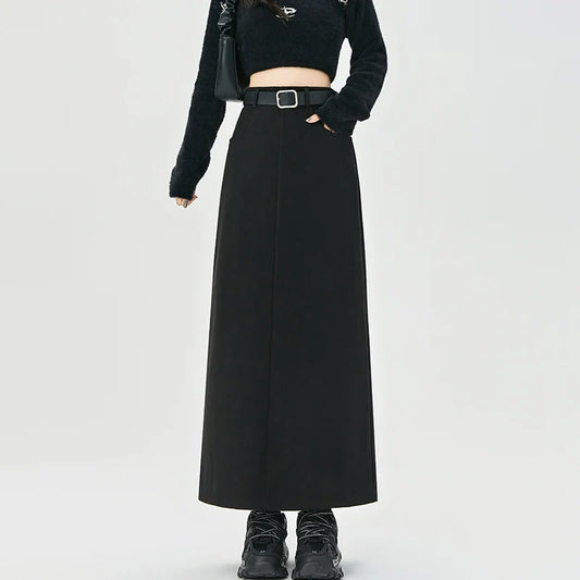 2025 New Autumn Winter Wool Blend Long Womens Fashion High Waist A-line Midi Ladies Elegant Woolen Skirt