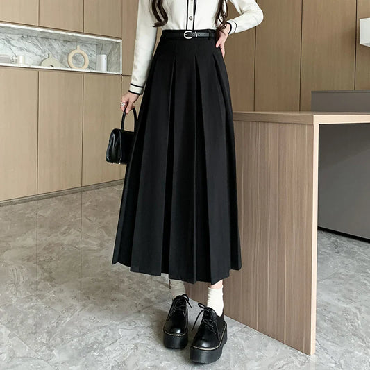 FashionSierra - 2025 New Autumn Winter Woolen Women Long High Waist A-line Pleated Korean Style Ladeis Wool Midi Skirt