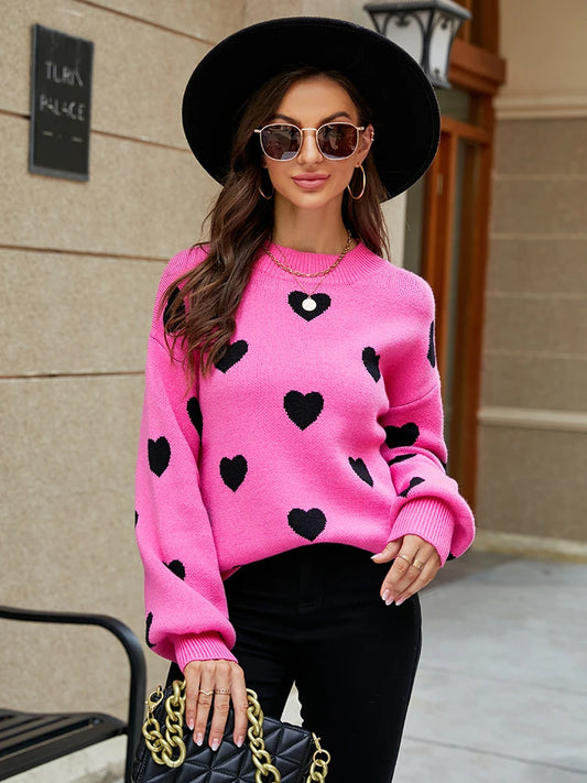 2025 Winter New Love Pullover Round Neck Long Sleeve Knitted Women's Loose Casual Sweater