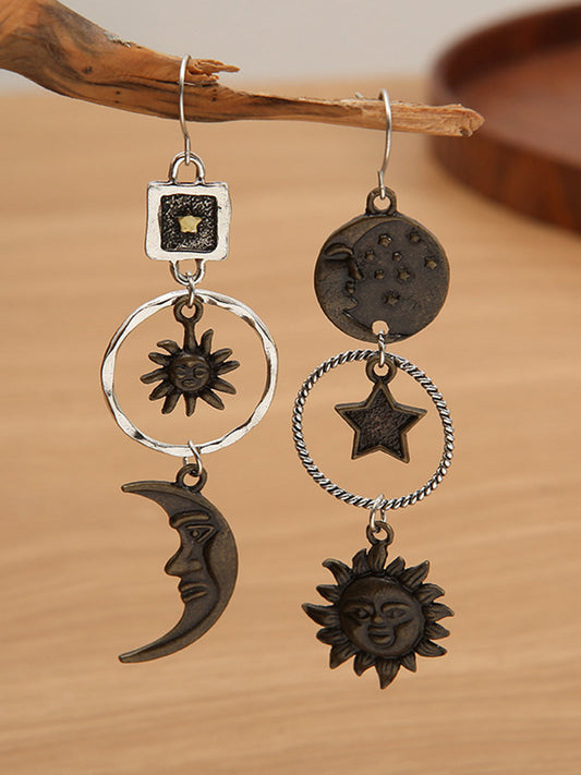 Boho Earrings - Bronze Tassel Sun Moon Asymmetrical