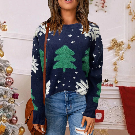 Spliced Vintage Korean Loose Round Neck Long Sleeve Christmas Sweater Blue / S Sweaters-L