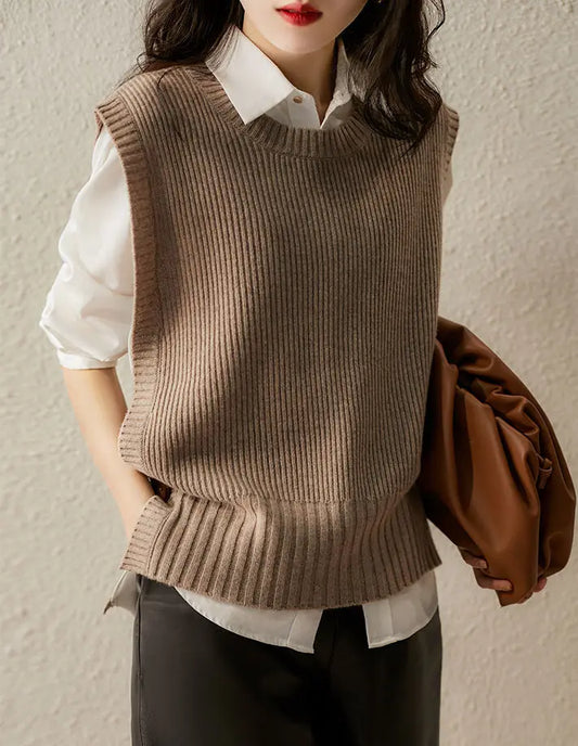 2025 Spring And Autumn New Round Neck Solid Color Side Button Anti-Pilling Women's Slim Vest Sweater