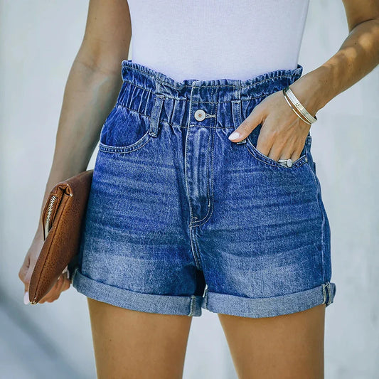 2025 Summer Women's Denim Fashion Vintage Streetwear Stretch Elastic Waist New Crimping Shorts