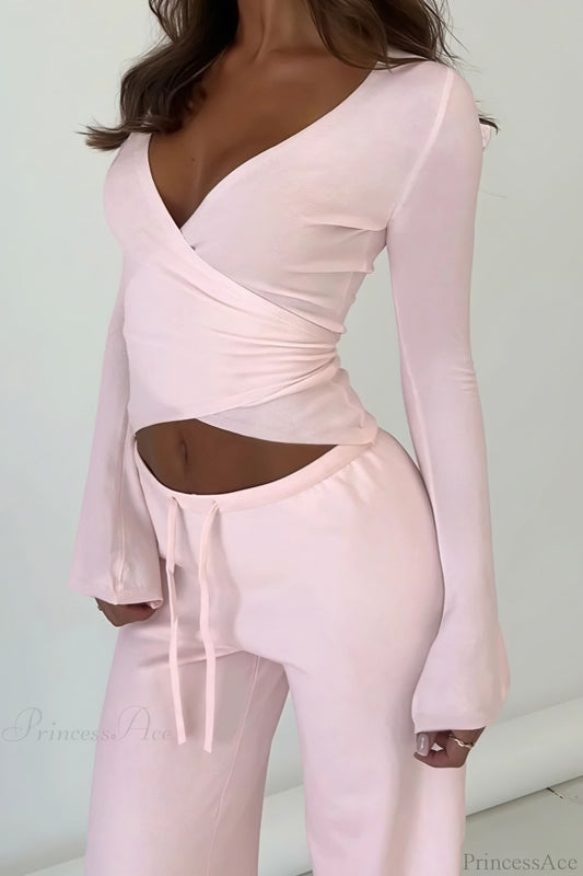 Y2K Sexy V-Neck Fitted Top Casual Pants Two Piece Set
