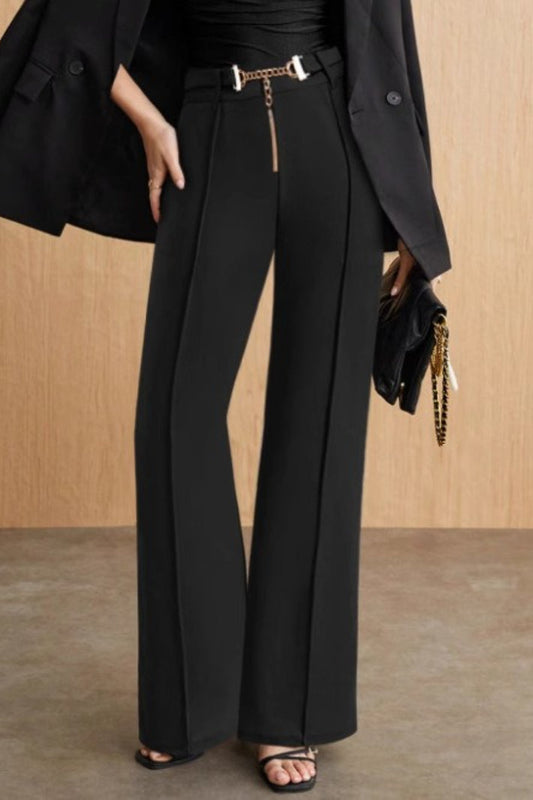 High Waist Straight Metal Belted Office Drape Pants