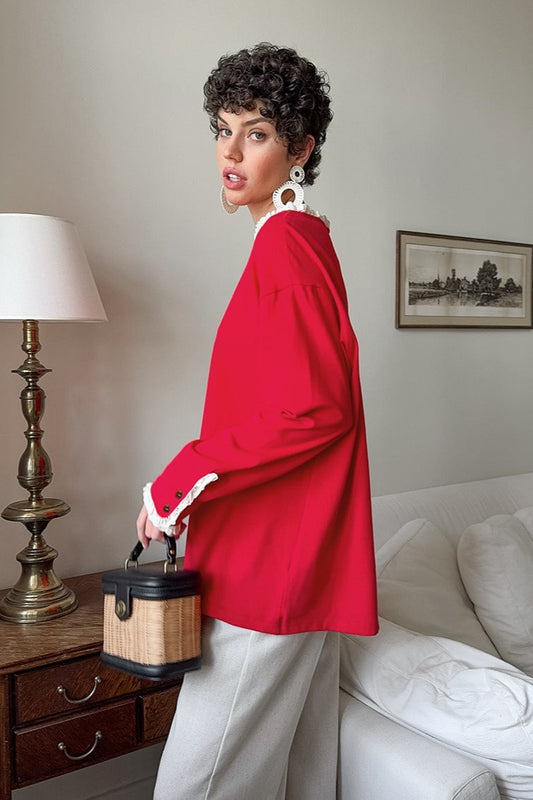 Ruffled Trim Paneled Loose Round Neck Long Sleeve Tee