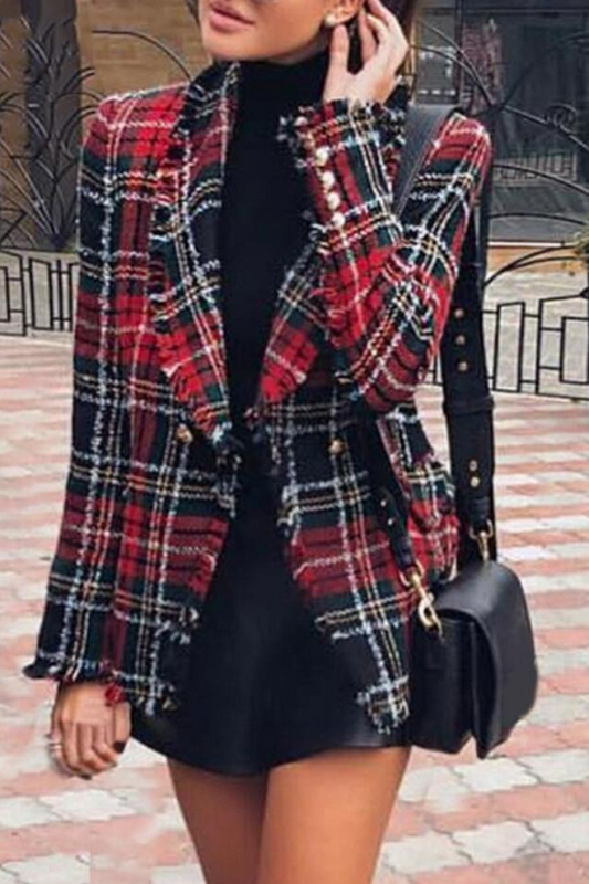 Plaid Tweed Multi-Button Chic Blazer Christmas Outerwear