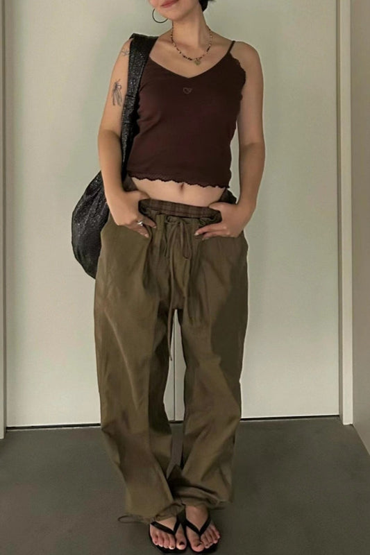 Color Block Plaid Elastic Double Waist Khaki Cargo Casual Pants