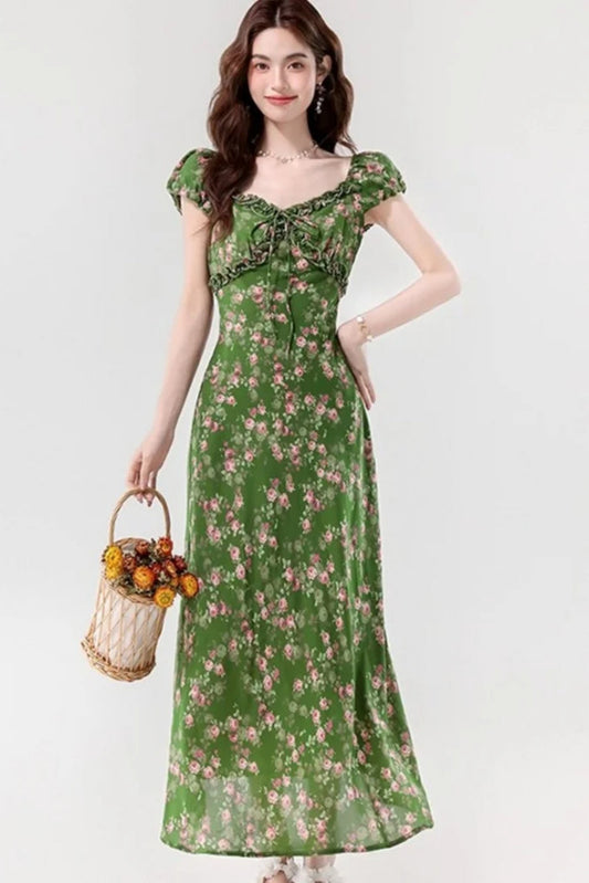 Retro Slim Green V-Neck Floral Dress