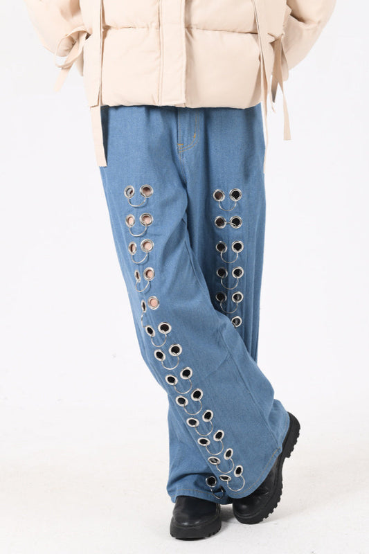 Metal Hole Hollow Out Straight Jeans