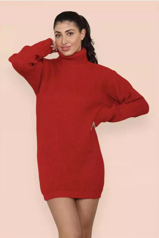 Collared Loose Knit Mid Length Pullover Sweater Dress