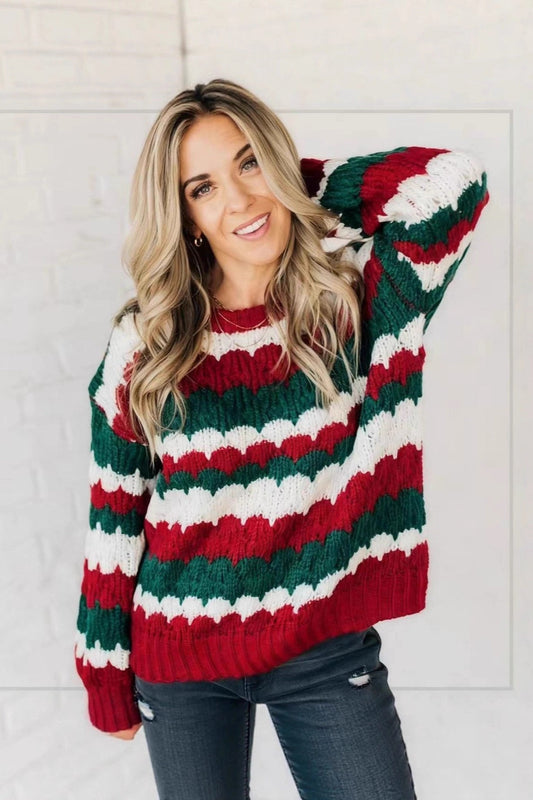 Christmas Chic Christmas Striped Color Block Sweater