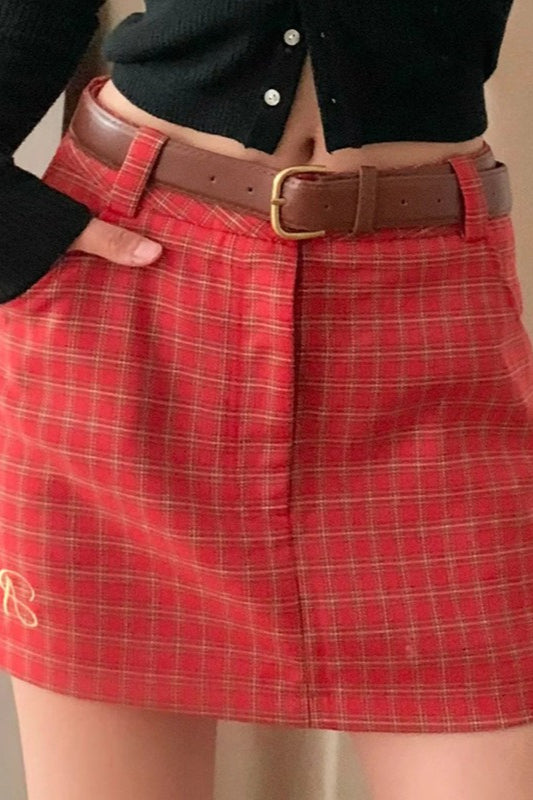 Letter Embroidery Plaid Low Waist Christmas Skirt