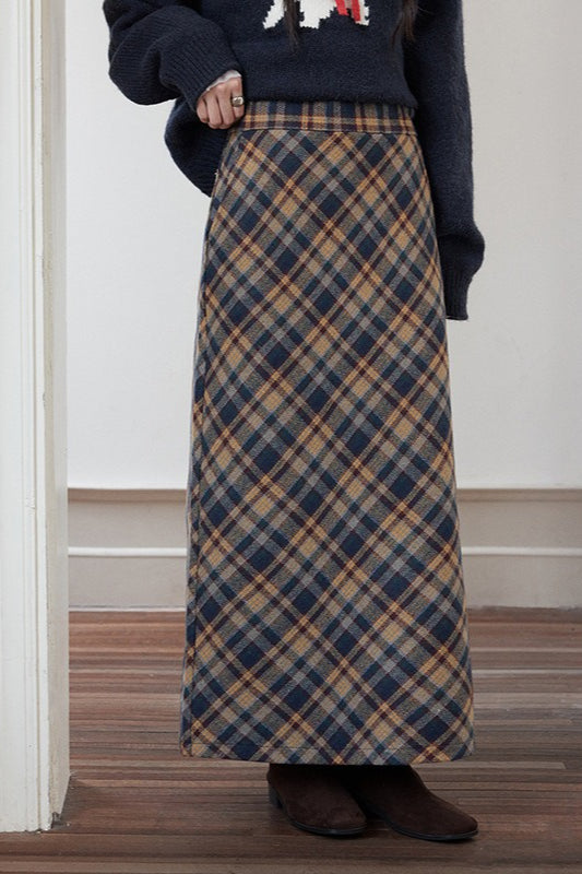 Vintage High-Waist Plaid Pencil Skirt