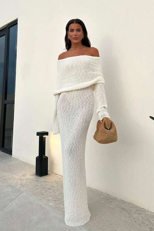 Backless Knit Off-Shoulder Maxi Sweater Dress