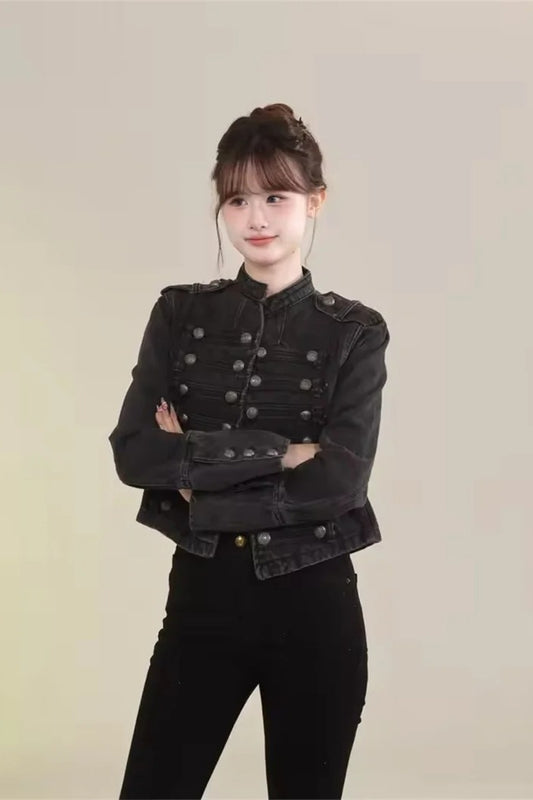 Cropped Denim Military Jacket