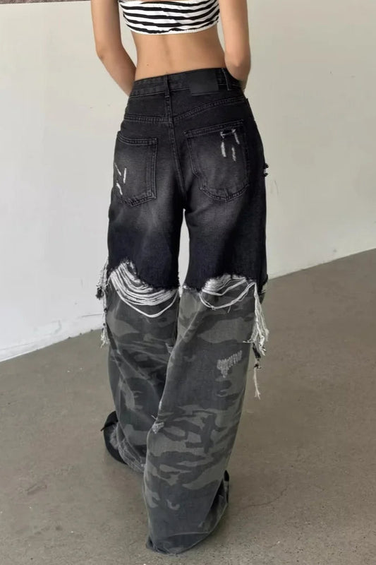 Camouflage Patchwork Baggy Wide-Leg Jeans
