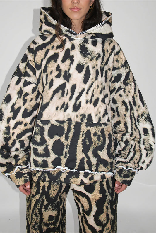 Leopard Raw Edge Loose Fit Hoodie