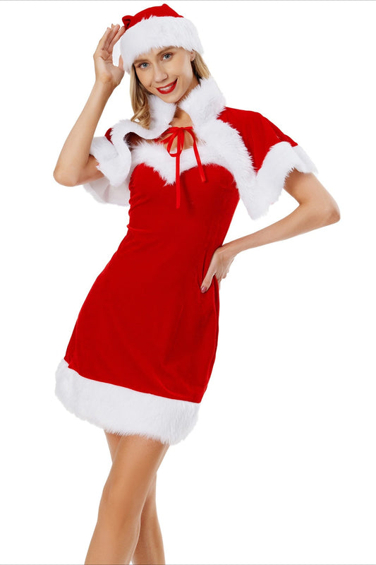 Christmas Fuzzy Cape Tie Waist Sweet Party Dress