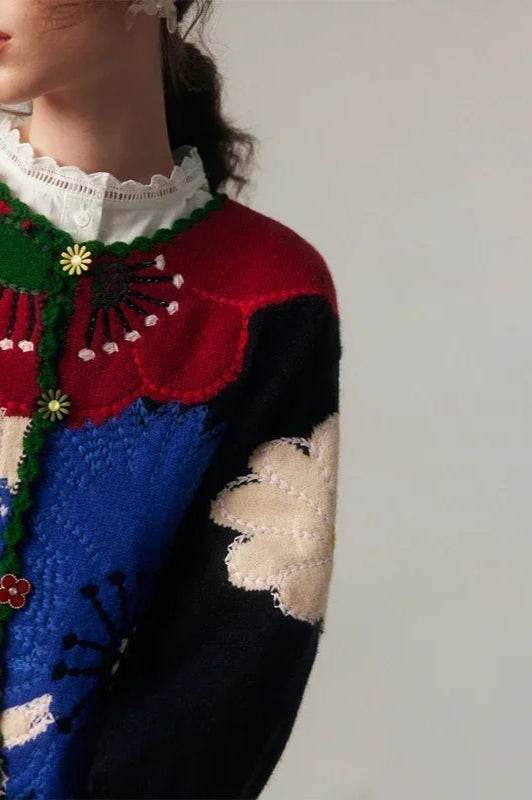 Vintage Floral Embroidered Knit Cardigan