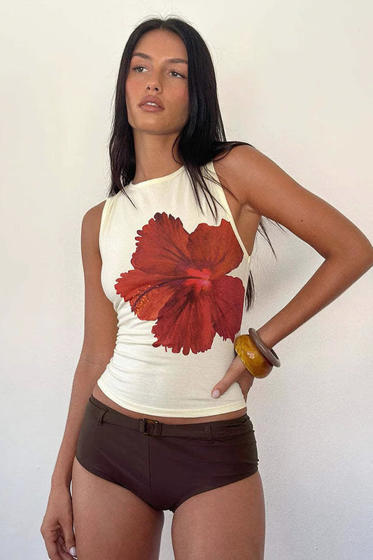 Red Hibiscus Print Cropped Tank Top