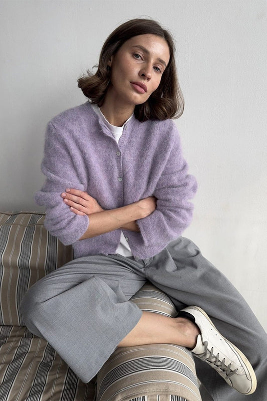 Fuzzy Round Neck Cardigan Knit Top