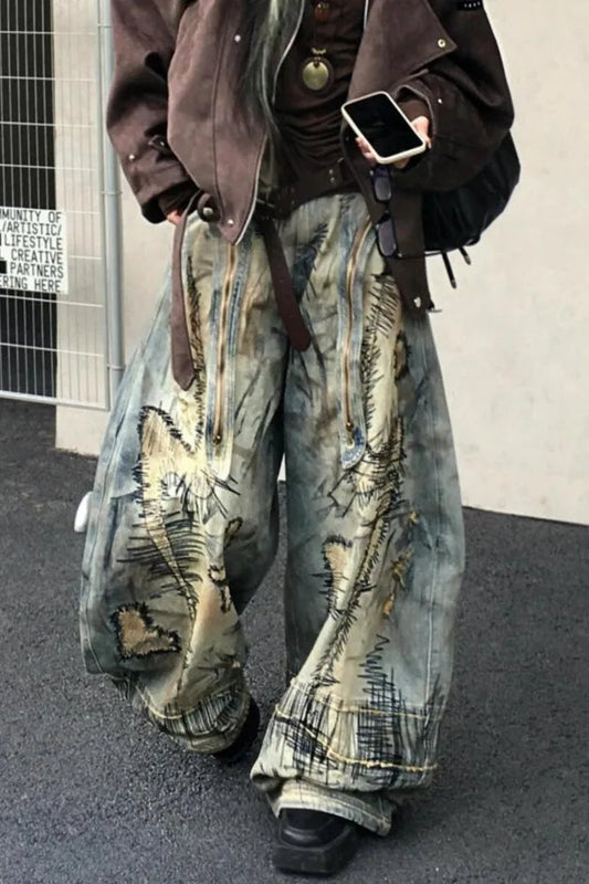 Retro Denim Wide Leg Mop Pants