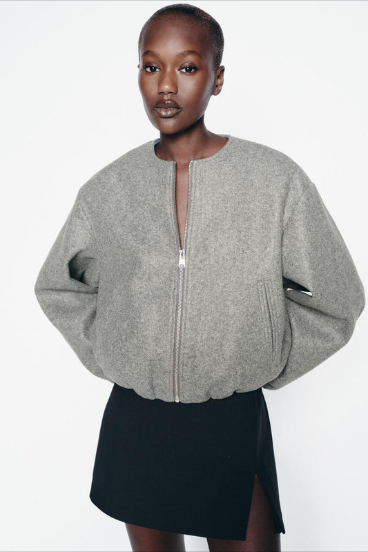 Faux Wool Short Zip Bomber Jacket