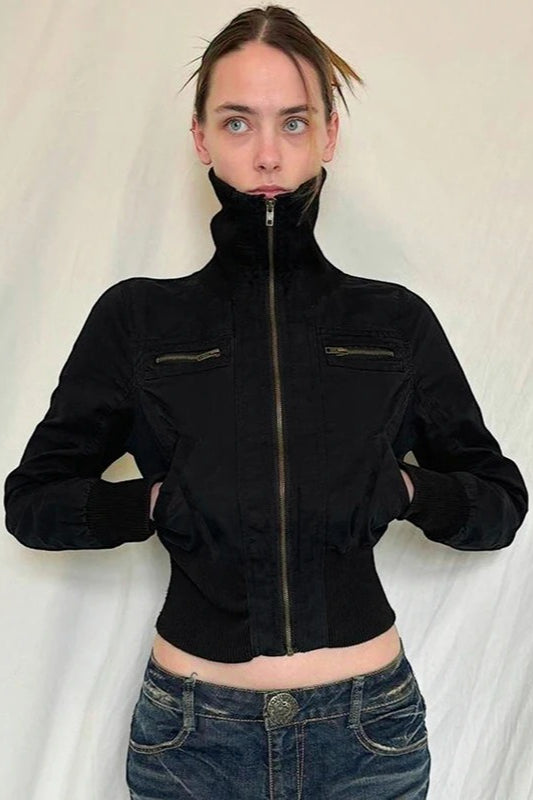 Casual Girdling Waist Black Jacket