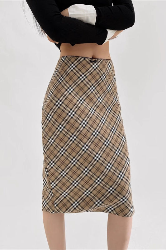 Lace Trimmed Plaid Bodycon Christmas Skirt