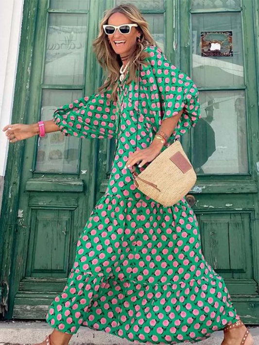 FashionSierra - 2025 Half Bubble Sleeves V-Neck Fashion Print Boho Dress