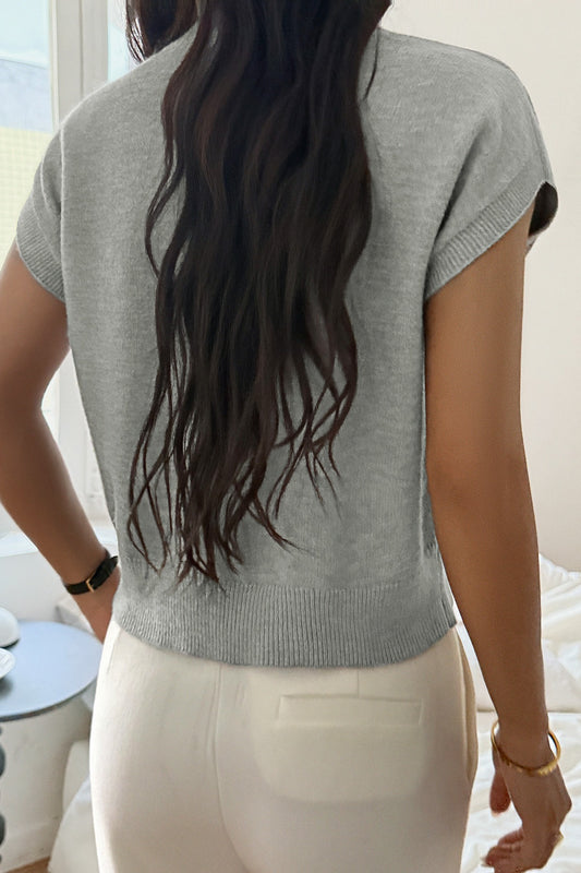 Deep V Solid Knit Short Sleeve Sweater