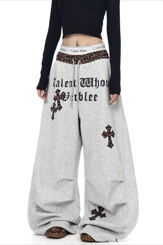 Leopard Waist Cross Print Wide Leg Pants