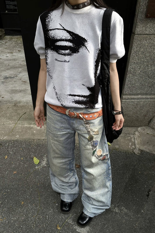 Abstract Face Jacquard Short Sleeve Knit T-Shirt
