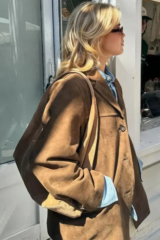 Brown Single-Breasted Suede Blazer